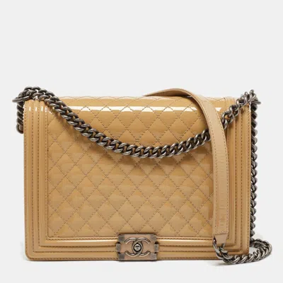 Pre-owned Chanel Beige Quilted Patent Leather Large Boy Flap Bag In Cream