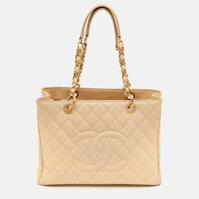 Pre-owned Chanel Beige Quilted Caviar Leather Gst Shopper Tote In Sand