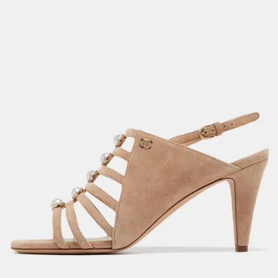 Pre-owned Chanel Beige Suede Pearl Slingback Sandals Size 37.5