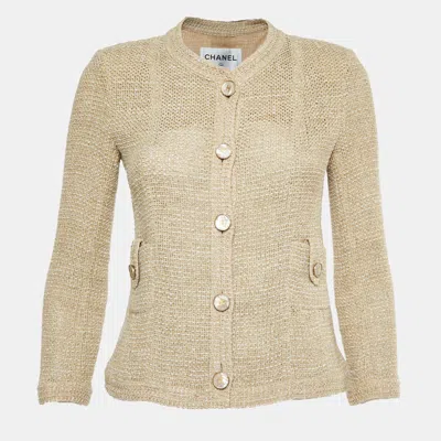 Pre-owned Chanel Beige Tweed Button Up Jacket M In Sand