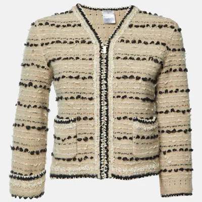 Pre-owned Chanel Beige Tweed Knit Zip Up Jacket M In Sand