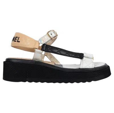 Pre-owned Chanel Beige White Black Metallic Leather 2022 22p Platform Sandals Shoes 38