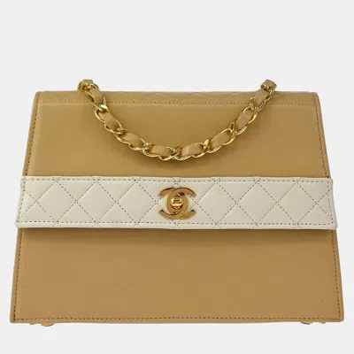 Pre-owned Chanel Beige White Lambskin Straight Flap Shoulder Bag In Sand