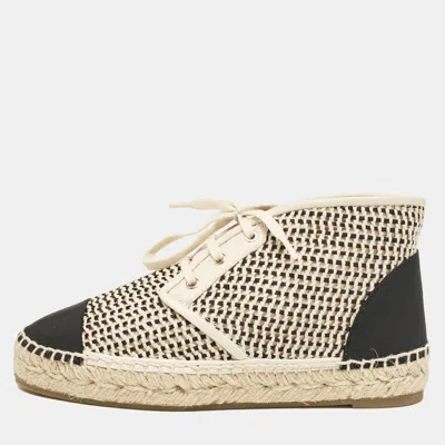 Pre-owned Chanel Beige Woven Canvas And Grosgrain Cc High Top Sneakers Size 36