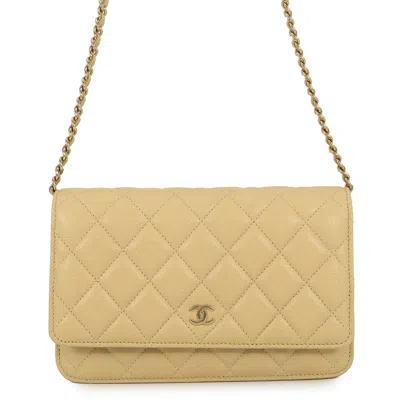 Pre-owned Chanel Beige Yellow Grained Calfskin Chain/shoulder Wallet () In Multi