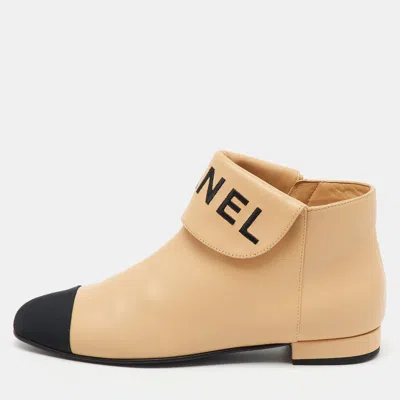 Pre-owned Chanel Beige/black Leather Logo Ankle Length Boots Size 37
