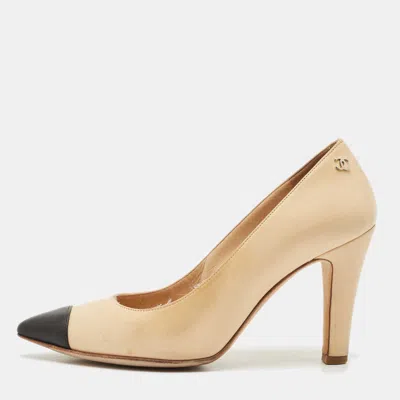 Pre-owned Chanel Beige/black Leather Pointed Toe Pumps Size 36.5 In Sand