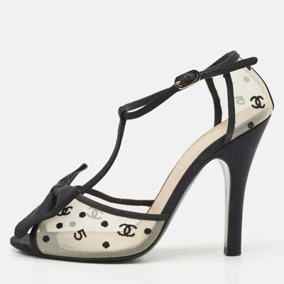 Pre-owned Chanel Beige/black Mesh And Grosgrain Bow Ankle Strap Sandals Size 38.5
