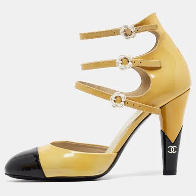 Pre-owned Chanel Beige/black Patent Camellia Ankle Strap Pumps Size 38.5 In Yellow