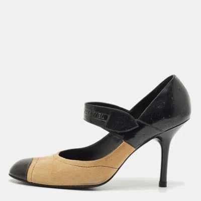 Pre-owned Chanel Beige/black Suede And Patent Leather Cap Toe Mary Jane Pumps Size 39.5