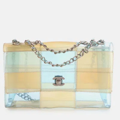 Pre-owned Chanel Beige/blue Medium Cc Pvc Stitched Patchwork Flap In Sand