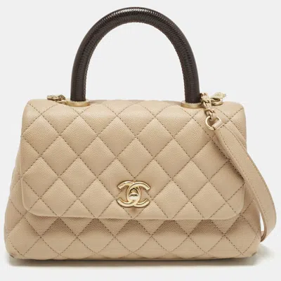 Pre-owned Chanel Beige/brown Quilted Caviar Leather Mini Coco Top Handle Bag In Sand