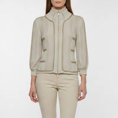 Pre-owned Chanel Beige/gold Cable Knit Chain Trim Zip-up Cardigan M In Sand