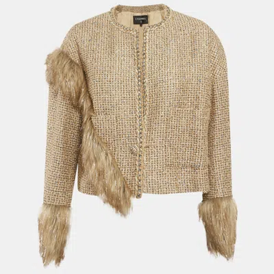Pre-owned Chanel Beige/gold Tweed Faux Fur Trim Jacket M In Sand