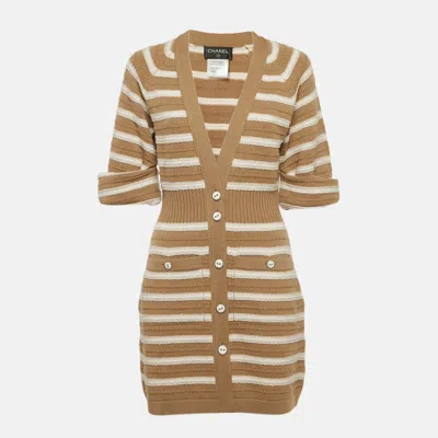Pre-owned Chanel Beige/ivory Stripe Cashmere Knit Button Front Mini Sweater Dress M