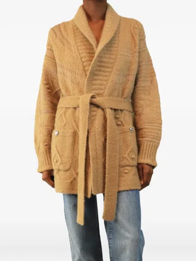 Pre-owned Chanel Belted Heavy-knit Cardigan In Brown