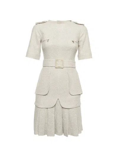 Pre-owned Chanel Belted Pleated Mini Dress In White