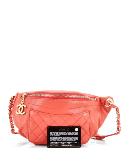 Pre-owned Chanel Bi Classic Waist Bag Quilted Crumpled Calfskin Belt Bag In Pink
