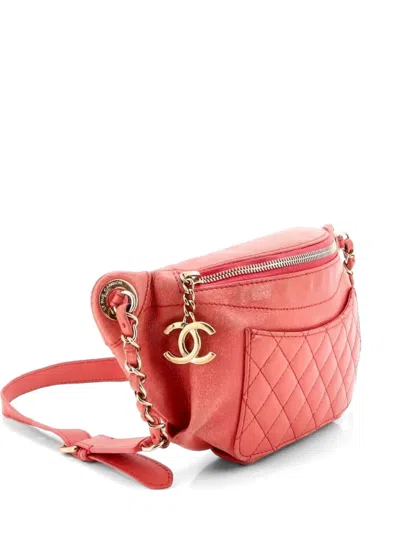 Pre-owned Chanel Bi Classic Waist Bag Quilted Crumpled Calfskin Belt Bag In Pink