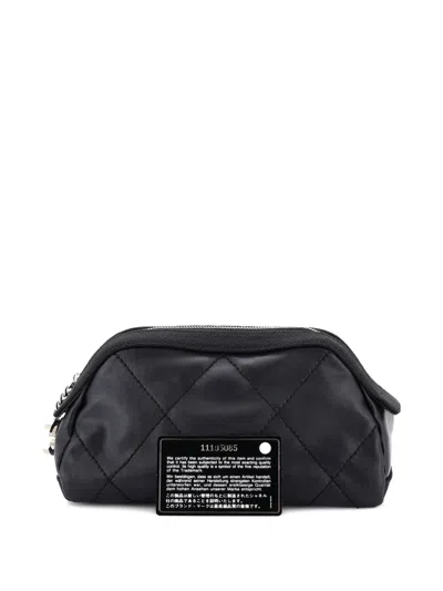 Pre-owned Chanel Biarritz Cosmetic Quilted Coated Canvas Pouch In Black