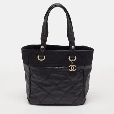 Pre-owned Chanel Biarritz Paris Black Quilted Coated Canvas Tote