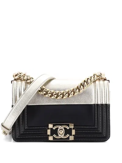 Pre-owned Chanel Bicolor Boy Flap Bag Calfskin Small Shoulder Bag In Black