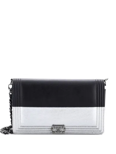 Pre-owned Chanel Bicolor Boy Wallet On Chain Calfskin Crossbody Bag In Black