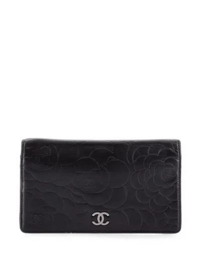 Pre-owned Chanel Bi-fold Wallet Camellia Lambskin Long Small Wallets In Black