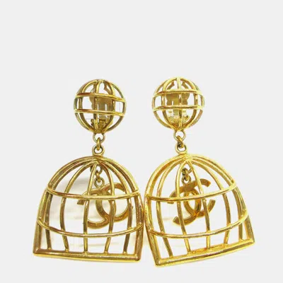 Pre-owned Chanel Birdcage Dangle Earrings Clip-on Gold