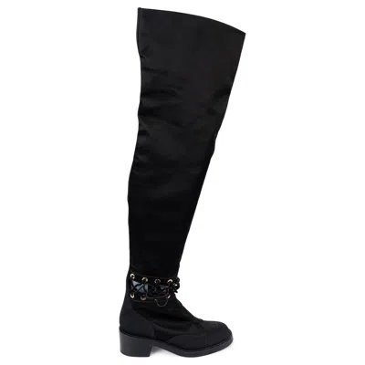 Pre-owned Chanel Black 2016 16k Cut-out Satin Over-knee Boots Shoes 39 Fit 38.5
