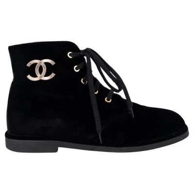 Pre-owned Chanel Black 2018 18a Hamburg Velvet Lace-up Ankle Boots Shoes 38.5