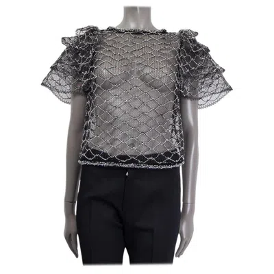 Pre-owned Chanel Black 2018 Beaded Fishnet Puff Sleeve Shirt 36 Xs