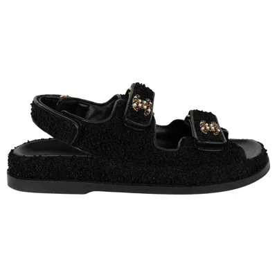 Pre-owned Chanel Black 23s Glitter Tweed Dad Slide Sandals Shoes 37.5
