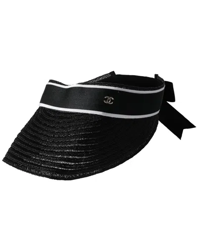 Pre-owned Chanel Black Abaca Cotton Ribbon Visor, Size Medium (authentic Pre-loved)