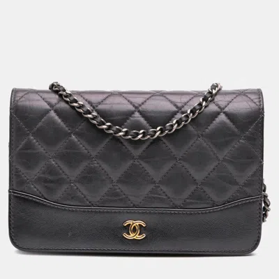 Pre-owned Chanel Black Aged Calfskin Quilted Gabrielle Wallet On Chain