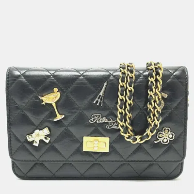 Pre-owned Chanel Black Aged Calfskin Quilted Lucky Charms 2.55 Reissue Wallet On Chain