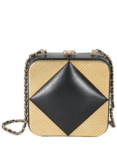 Pre-owned Chanel Black & Gold Leather Gold Metal Square Cc Clutch (authentic Pre-loved)