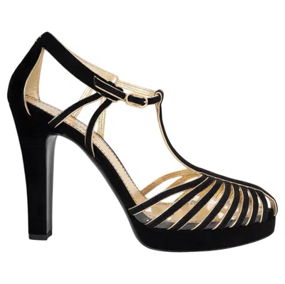 Pre-owned Chanel Black & Gold Suede 21s T-strap Pumps Shoes 38.5