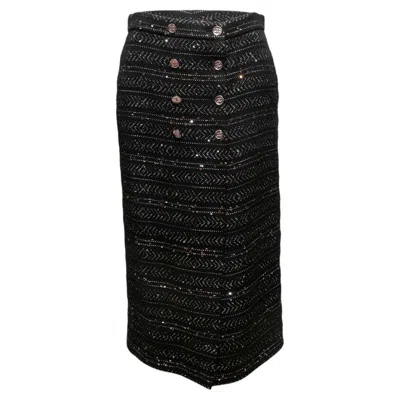 Pre-owned Chanel Black & Silver  Sequin-embellished Wool Tweed Midi Skirt Size Fr 40