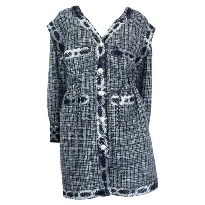 Pre-owned Chanel Black & Silver Cotton Blend V-neck Tweed Coat Jacket 38 S
