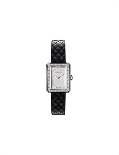 Pre-owned Chanel Black & Silver H6955 Boy·friend 0.37ct Diamond, Leather And Steel Quartz Watch