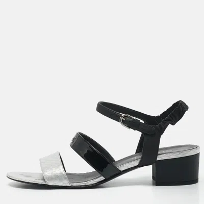 Pre-owned Chanel Black & Silver Leather And Watersnake Skin Slingback Sandals Size 41.5