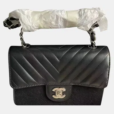 Pre-owned Chanel Black And Silver Twill Standard Big Mini Bag
