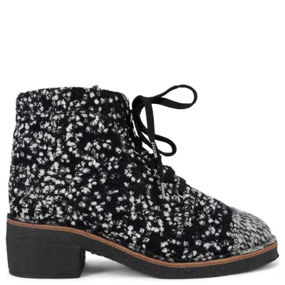 Pre-owned Chanel Black & White 2014 14b Tweed Lace-up Ankle Boots Shoes 38.5 Fit 37.5