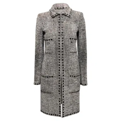 Pre-owned Chanel Black & White  Boucle Collared Coat Size Fr 36