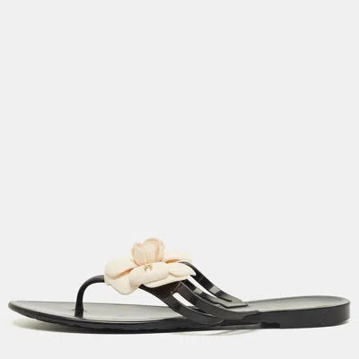 Pre-owned Chanel Black And White Jelly Camellia Thong Sandals Size 39