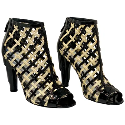 Pre-owned Chanel Black And White Patent Leather Cage Peep Toe Booties Shoes Size 41 Or 11