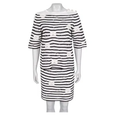 Pre-owned Chanel Black & White Striped Embroidered Suit Sz.36