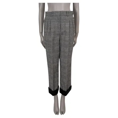 Pre-owned Chanel Black & White Wool 11k Satin Cuff Pleated Tweed Pants 38 S
