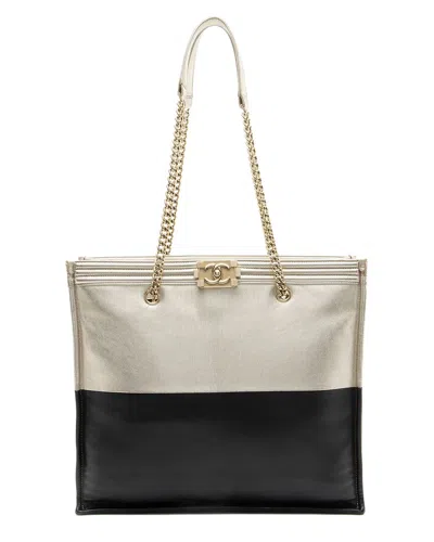 Pre-owned Chanel Black Bicolor Calfskin Large Boy Tote (authentic Pre-loved)